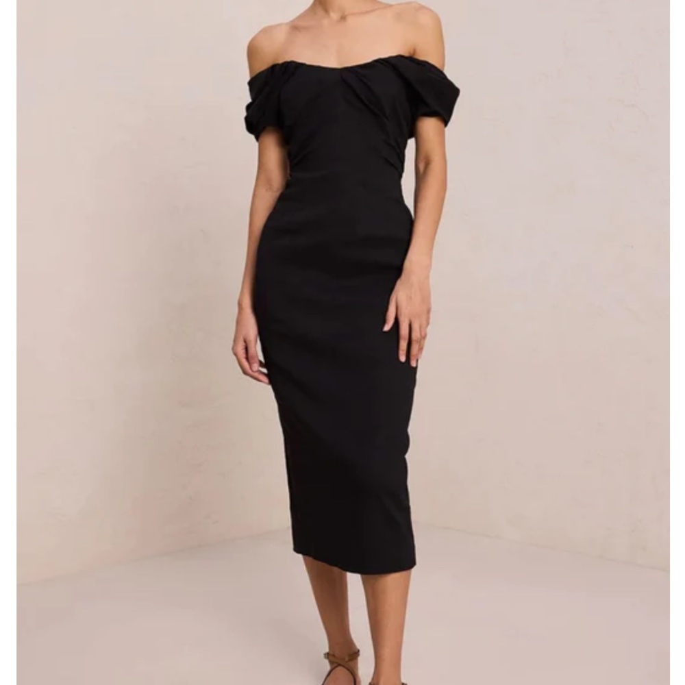 A.L.C Nora off shoulder linen ruffle ruched mid-calf little black dress